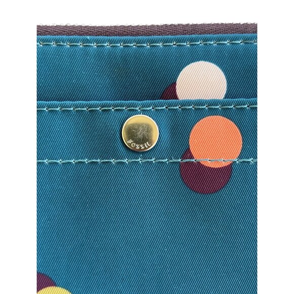 Fossil Zippered Teal & Multi Polka Dots Zip Around Leather Pull 4" X 6" - Picture 2 of 6